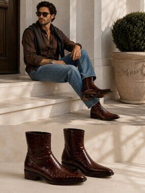 Cesare Paciotti Heroes Men's Croc Embossed Leather Ankle Boots Brown US 6 EU 39